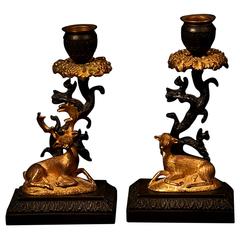 Fine Pair of English Regency Patinated and Gilt Bronze Candlesticks 19th Century