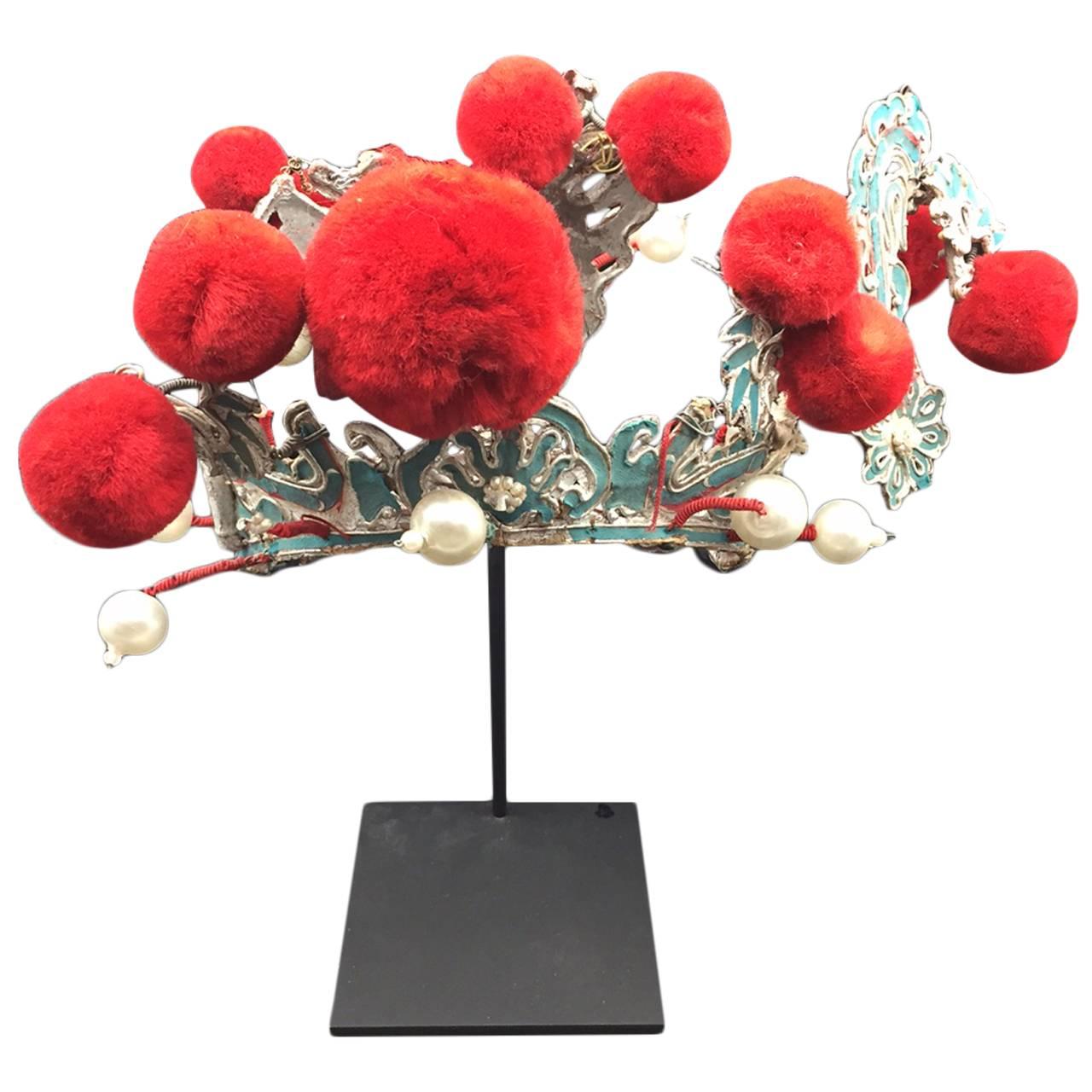 Chinese Theatre Turquoise and Red Pom Headdress, Early 20th Century