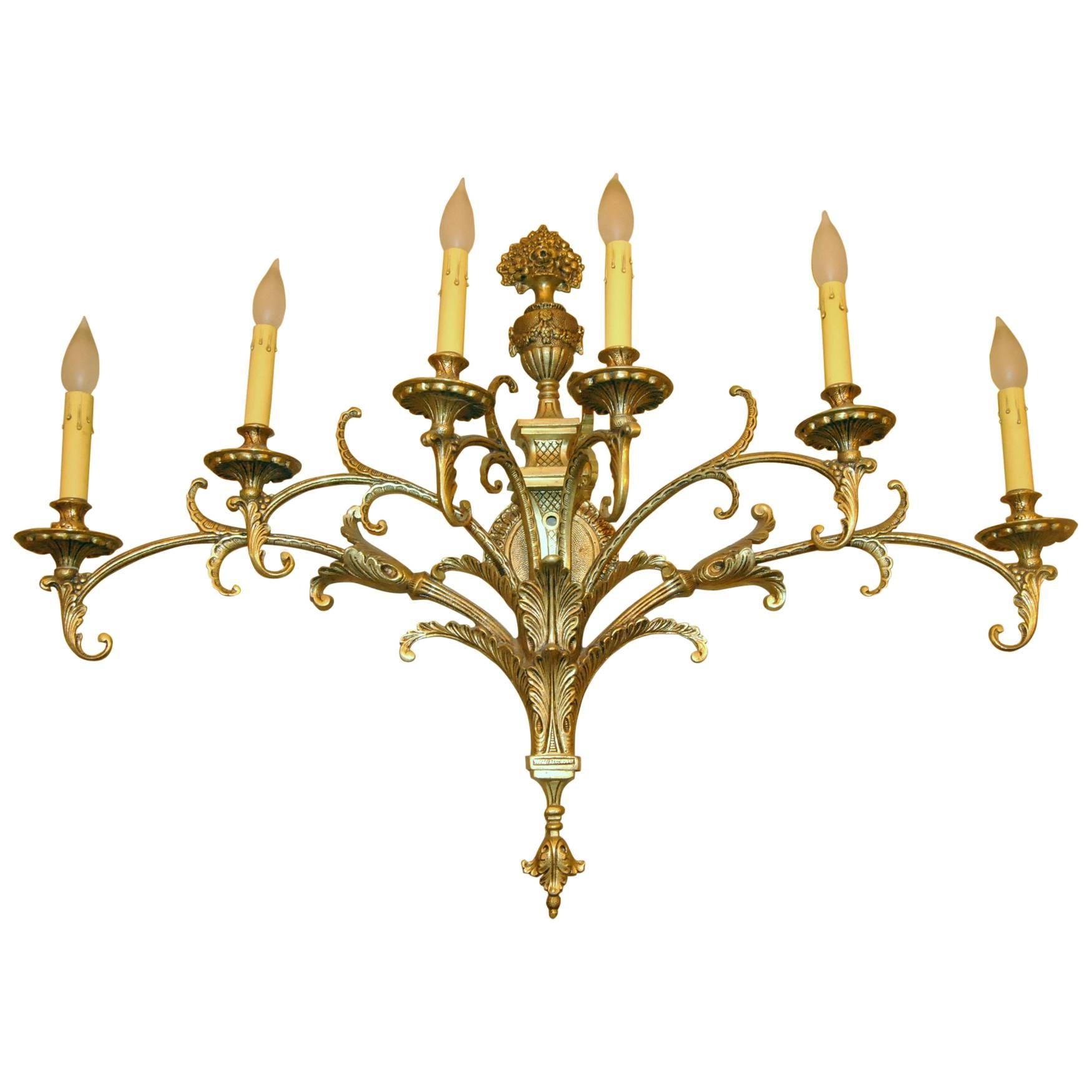 French Style Large Six-Arm Wall Sconce or Light Fixture with Urn and Flowers For Sale