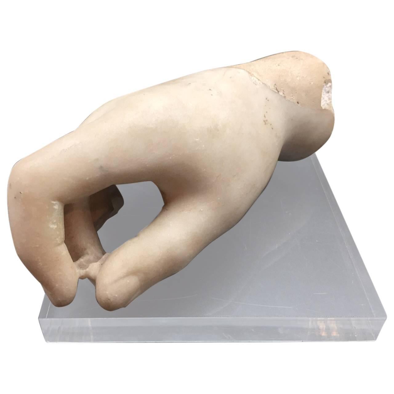 French 19th Century Sculpted Marble Hand on a Lucite Base
