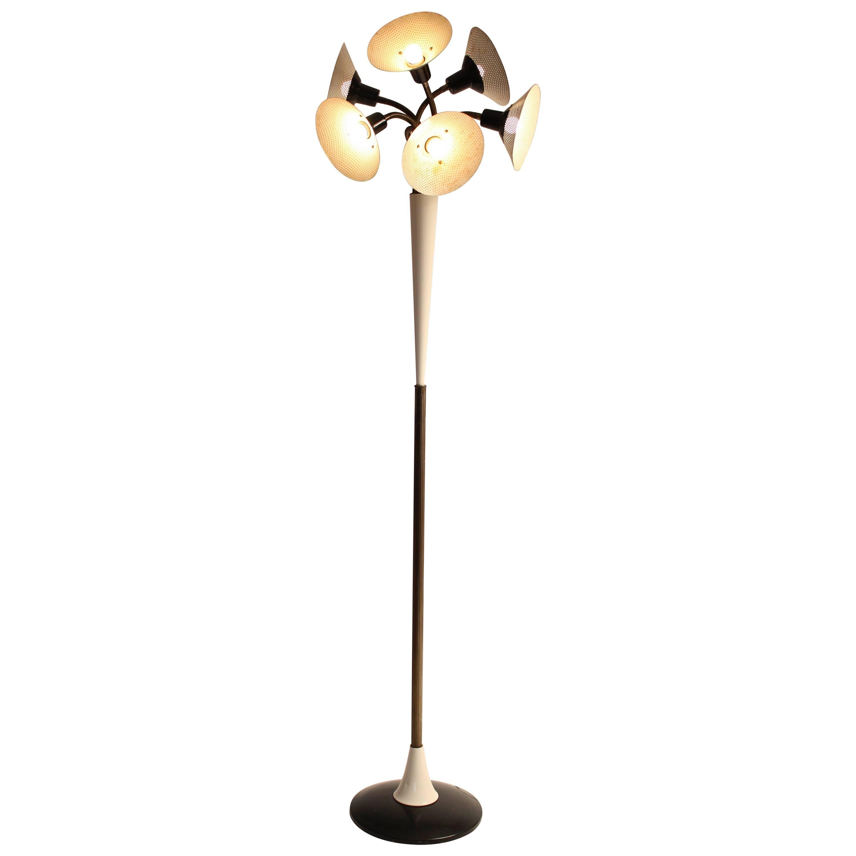 Six Pierced Shade on Brass Gooseneck Floor Lamp, 1950s, USA