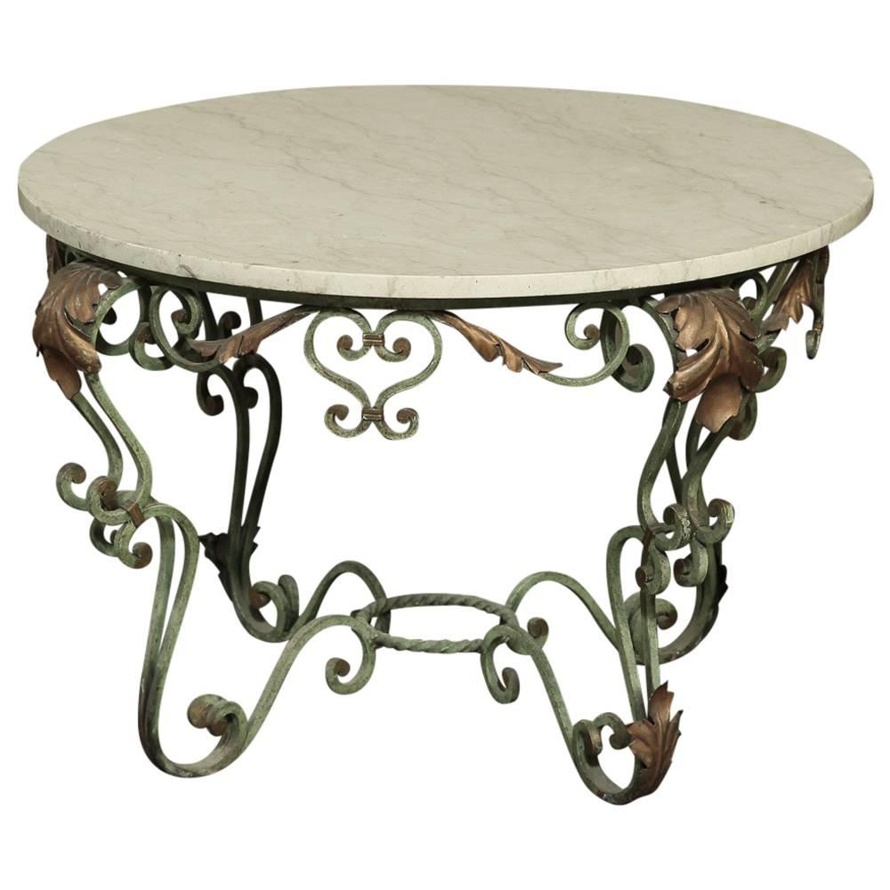 Antique Italian Hand-Painted Wrought Iron and Cararra Marble Coffee Table