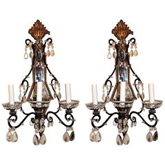 Wonderful Vintage Pair of Beaded Jansen Gilt Iron Bagues Crystal Sconces