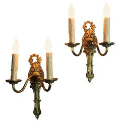 Pair of Antique Bronze French Louis XVI Neoclassical Electrified Wall Sconces