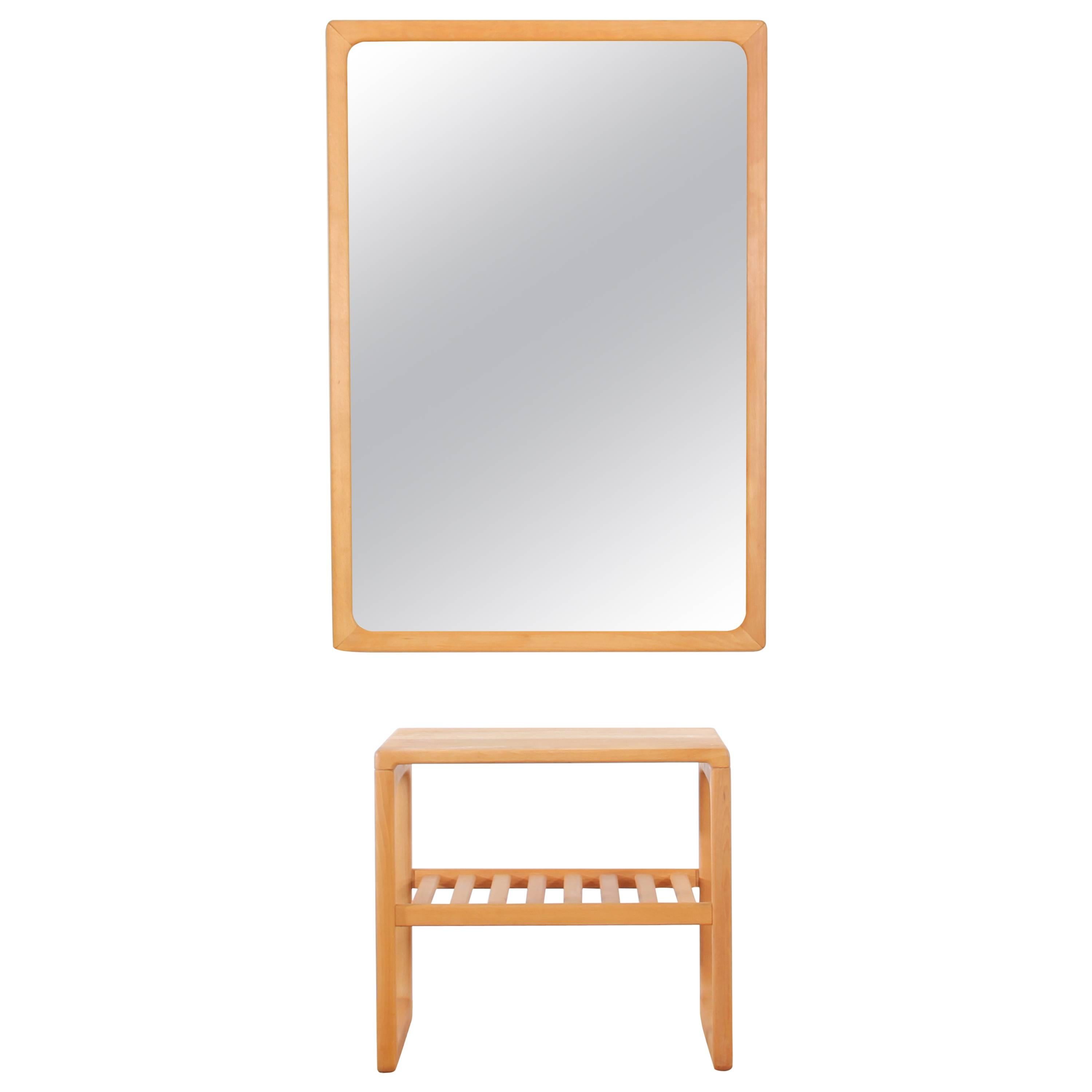 Mid-Century Danish Bench and Mirror in Solid Oak For Sale