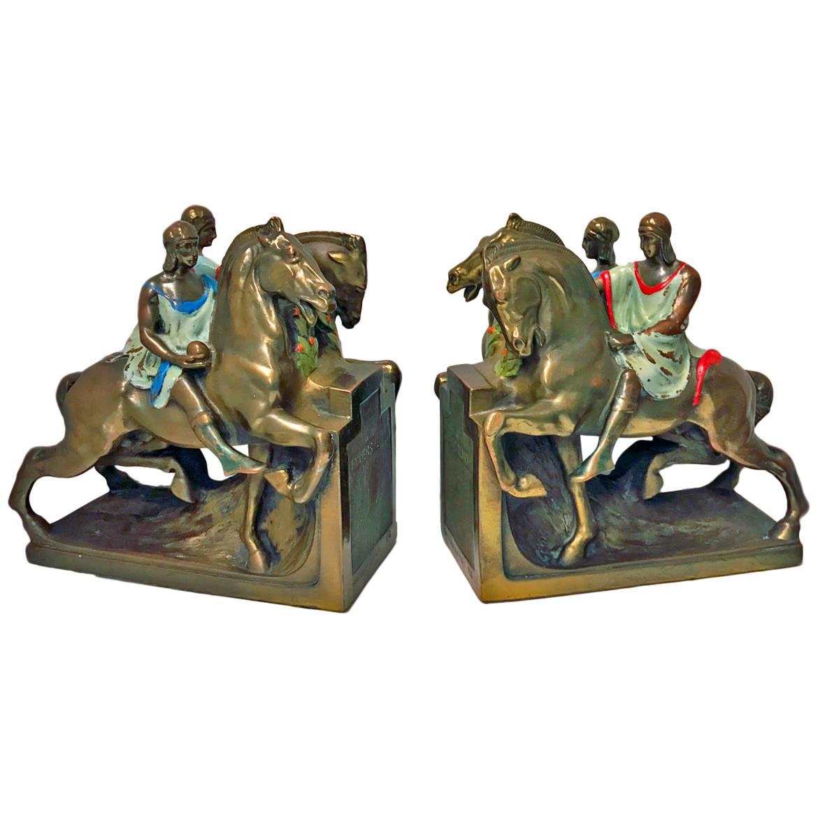 Large Pair of Bronze Clad Equestrian Bookends by Pompeian Bronze, circa 1920