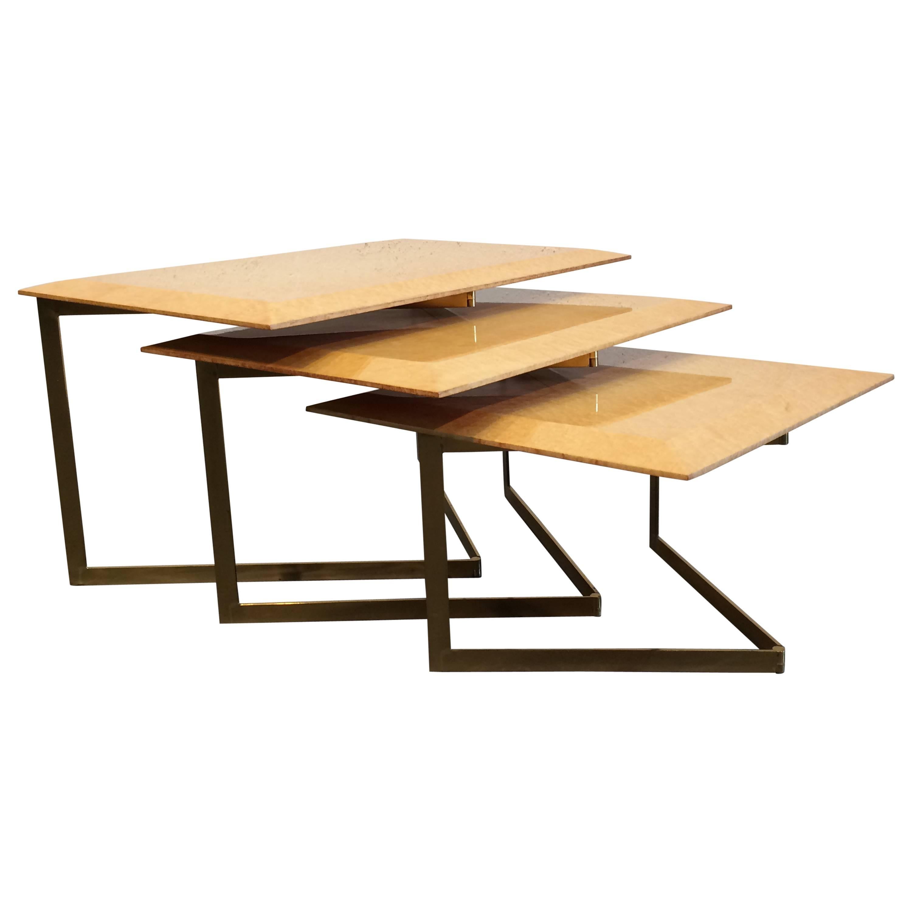 Birdseye Maple and Brass Nesting Tables For Sale