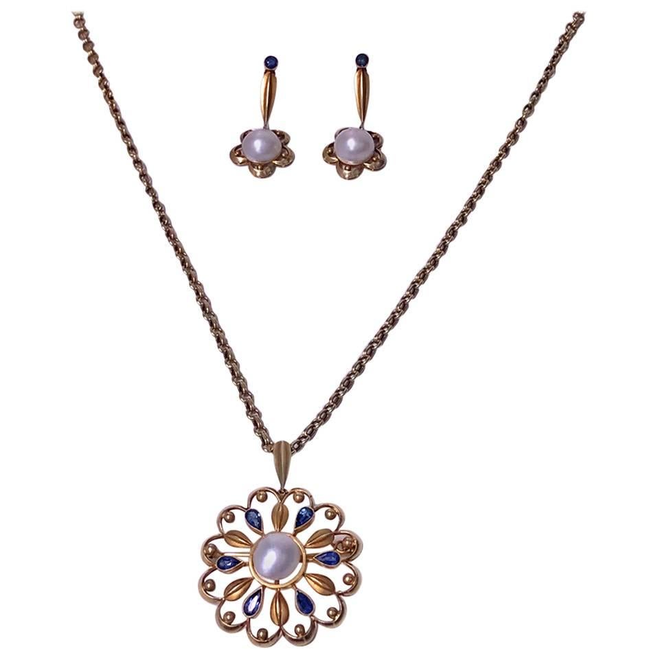 Rare David Andersen Gold Pearl Sapphire Necklace, Brooch and Earrings