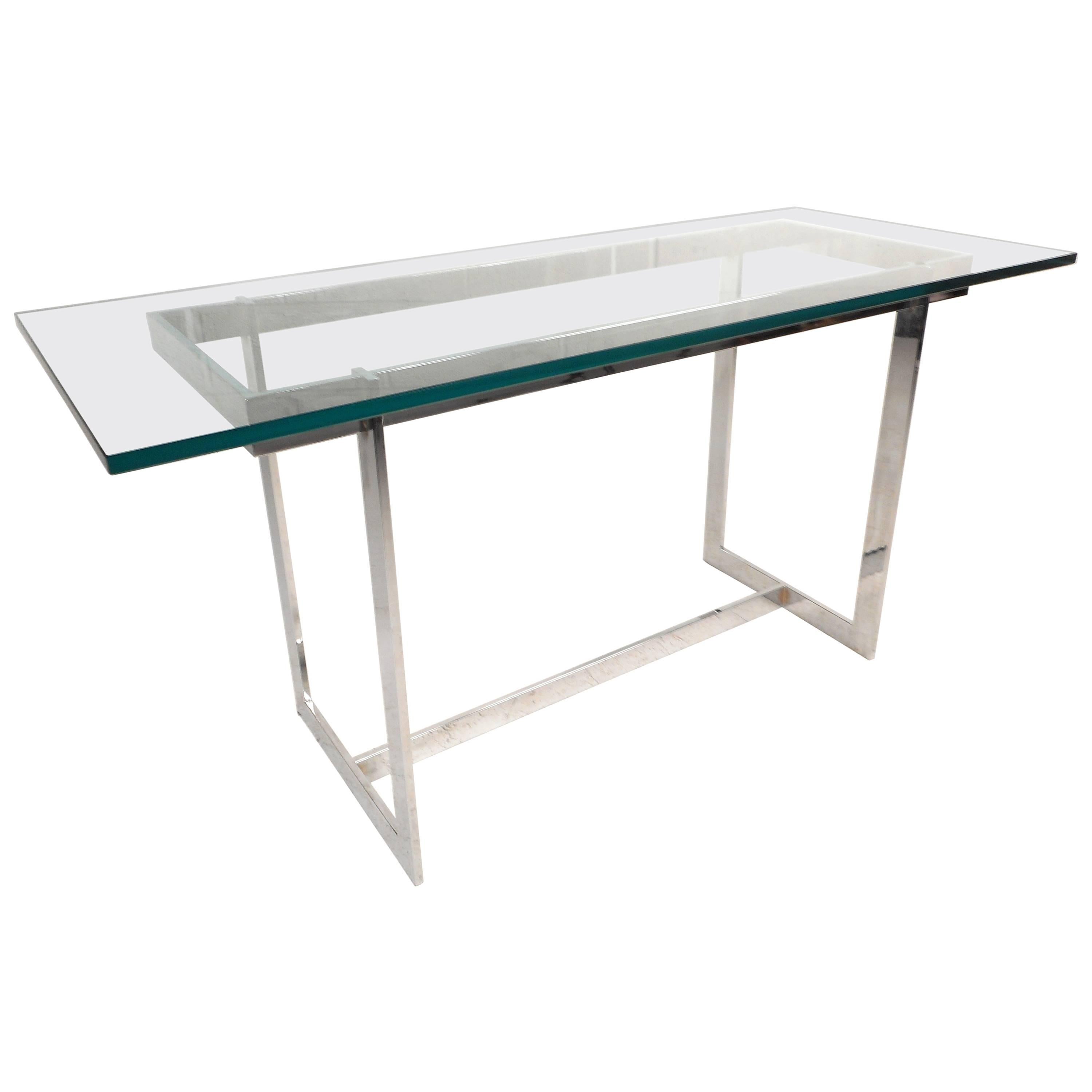 Mid-Century Modern Glass and Chrome Console Table in the Style of Milo Baughman