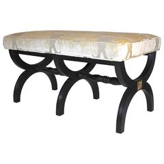 Dorothy Draper Style Ebonized Wood X-Base Upholstered Bench