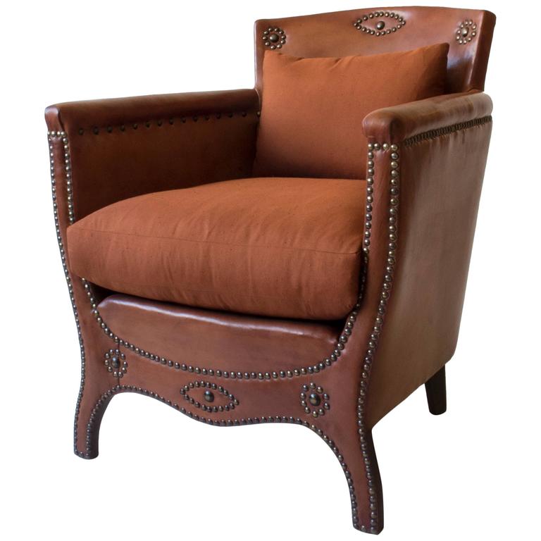 Otto Schulz Petite Original Leather Brass And Silk Upholstered Otto Schulz Petite Original Leather Brass And Silk Upholstered Swedish Armchair For