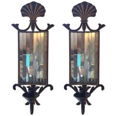 Pair of Vintage Metal and Aged Mirror Candle Sconces