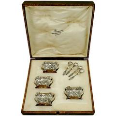 Antique Molle French Sterling Silver 18-Karat Gold Four Salt Cellars, Box, Chestnuts