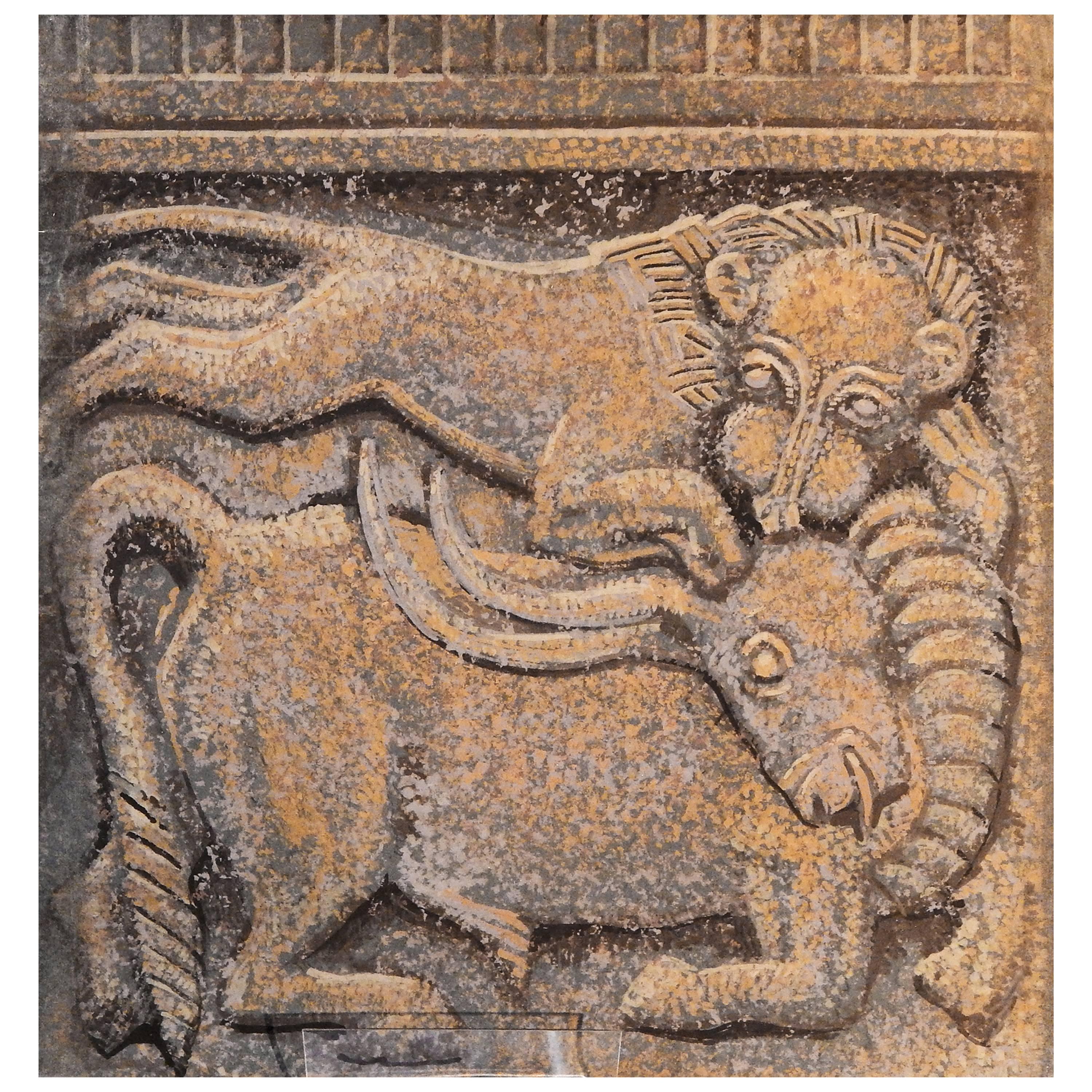 "Lion and Bull, " Art Deco-Medieval Decorative Painting in Greys and Burnt Sienna