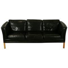 Vintage Danish Black Leather three-Seat Sofa