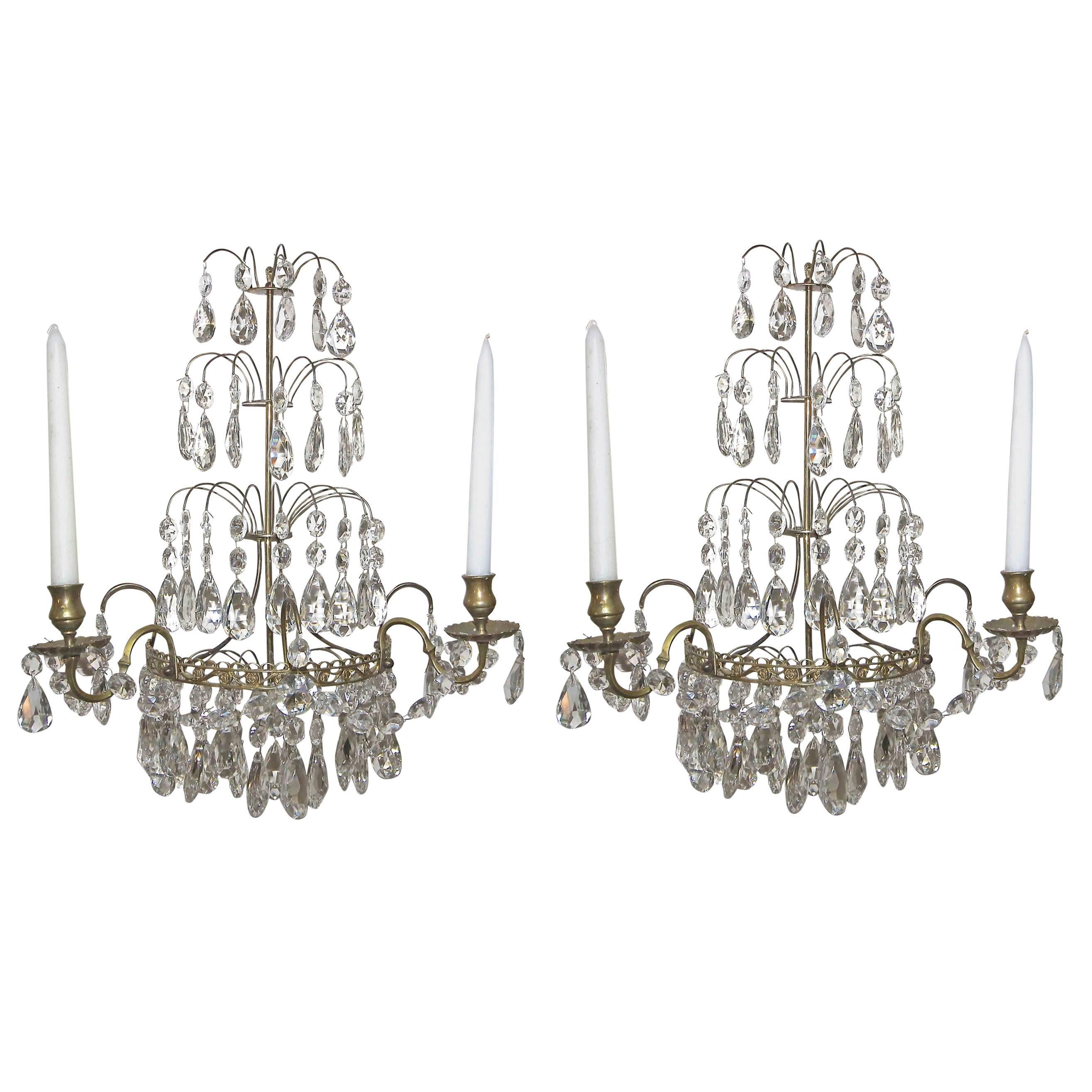 Pair of Swedish Gustavian Style Crystal and Brass Candle Wall Sconces For Sale