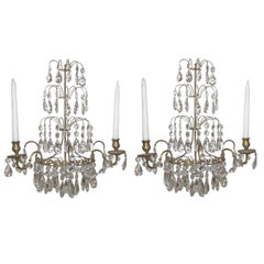 Antique Pair of Swedish Gustavian Style Crystal and Brass Candle Wall Sconces