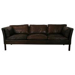Vintage Dark Brown Leather Three-Seat Sofa