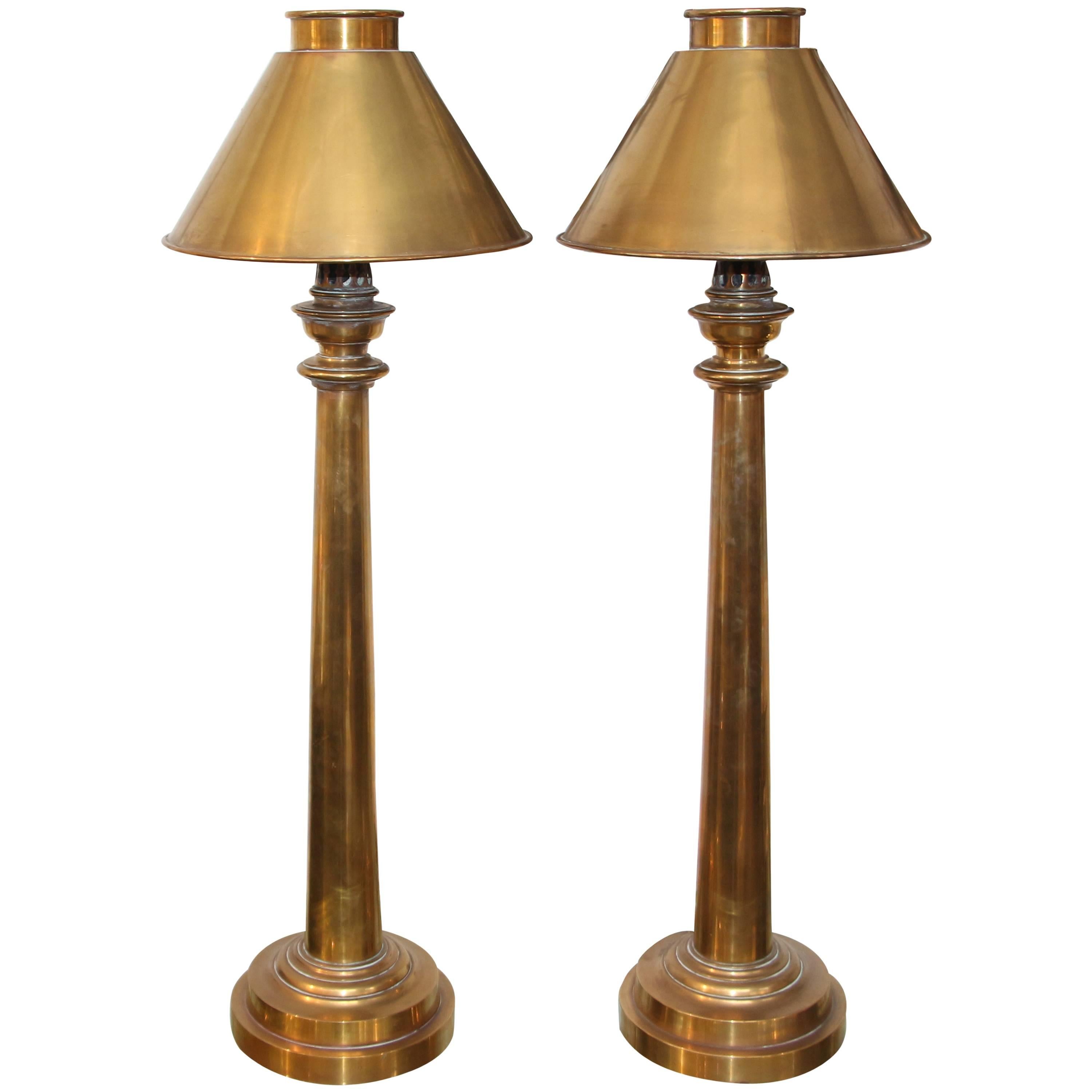 Nice Pair of Vintage 1983 Heavy Brass Chapman Lamps with Brass Shades