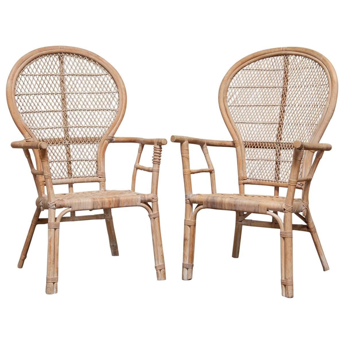 Pair of Rattan Fan-Back Peacock Chairs