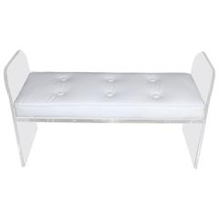 1970s Lucite Bench with White Leather Cushion
