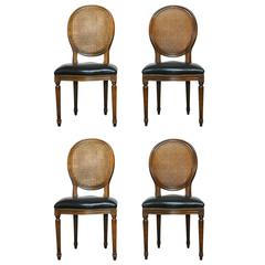 Set of Four Louis XVI Leather and Cane Dining Chairs