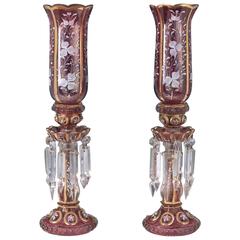 Pair of Antique Baccarat Enameled Cranberry Candlesticks