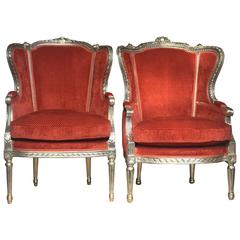 Antique Pair of French Louis XV Neo-Rococo Armchairs Bergères Silver Plated Cinnamon