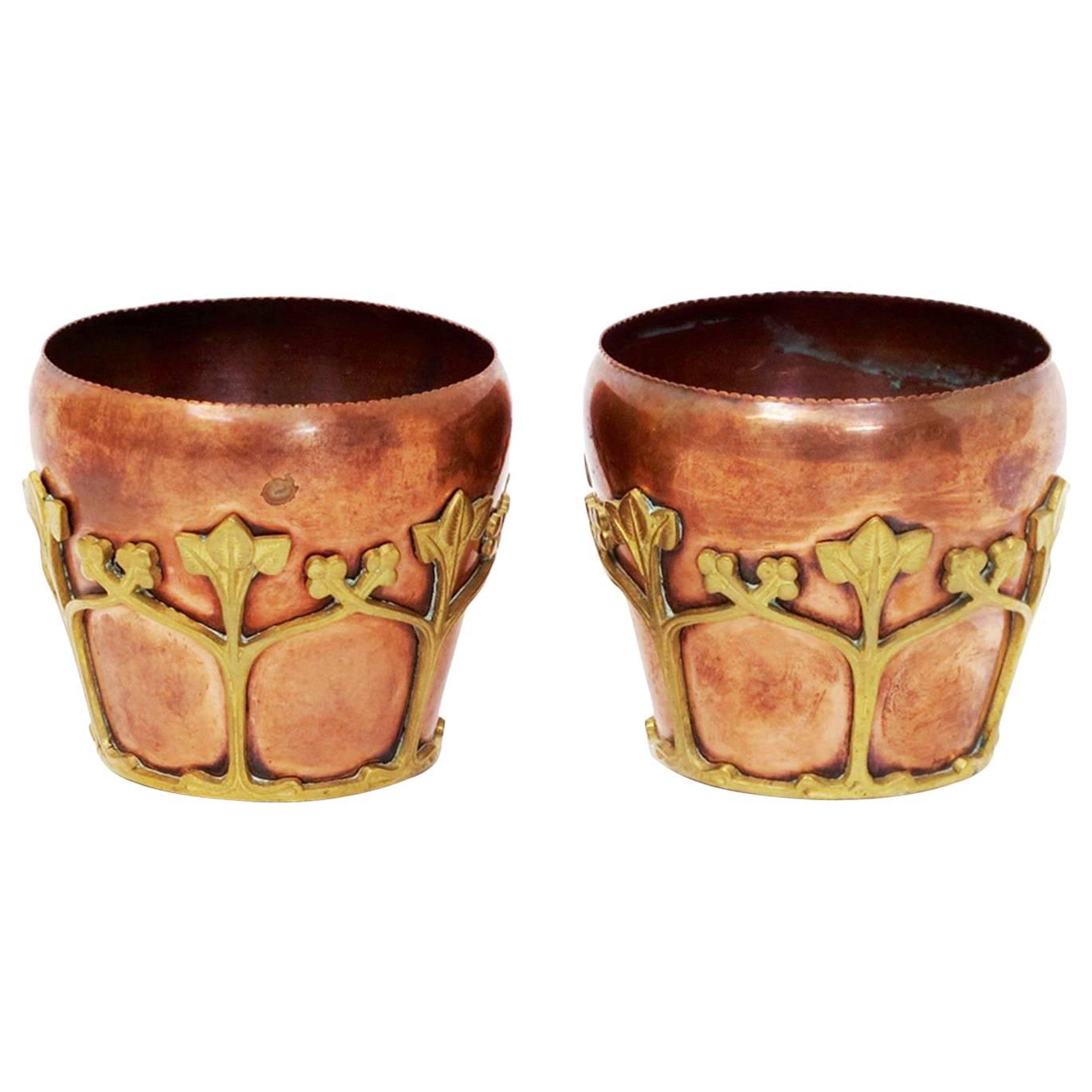 Petite Pair of Stylish Copper and Gilt Plant Pots in the Style of Was Benson