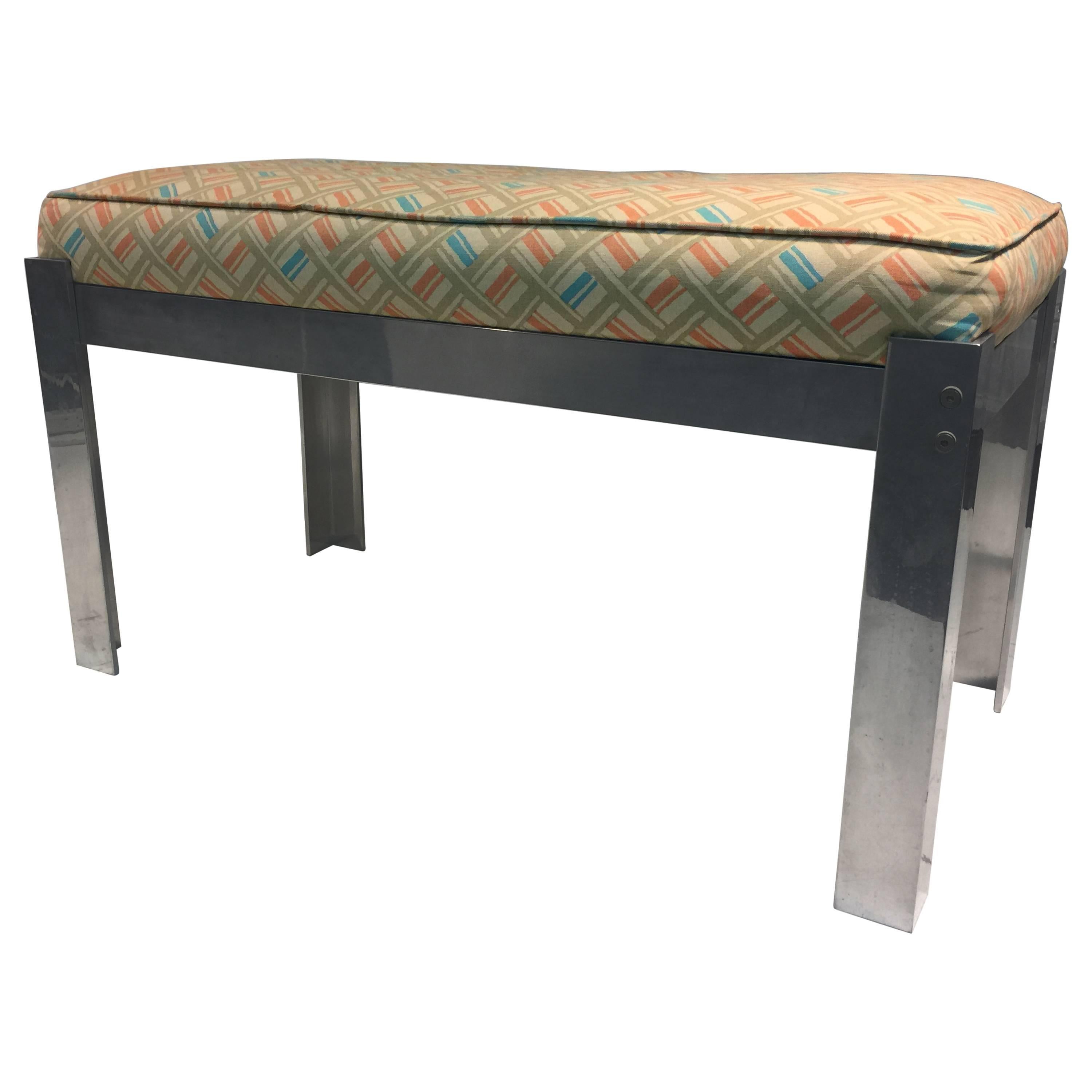 Stylish Chrome Bench in the Manner of Karl Springer with Original Upholstery For Sale