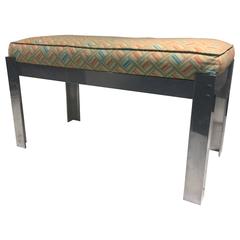 Stylish Chrome Bench in the Manner of Karl Springer with Original Upholstery