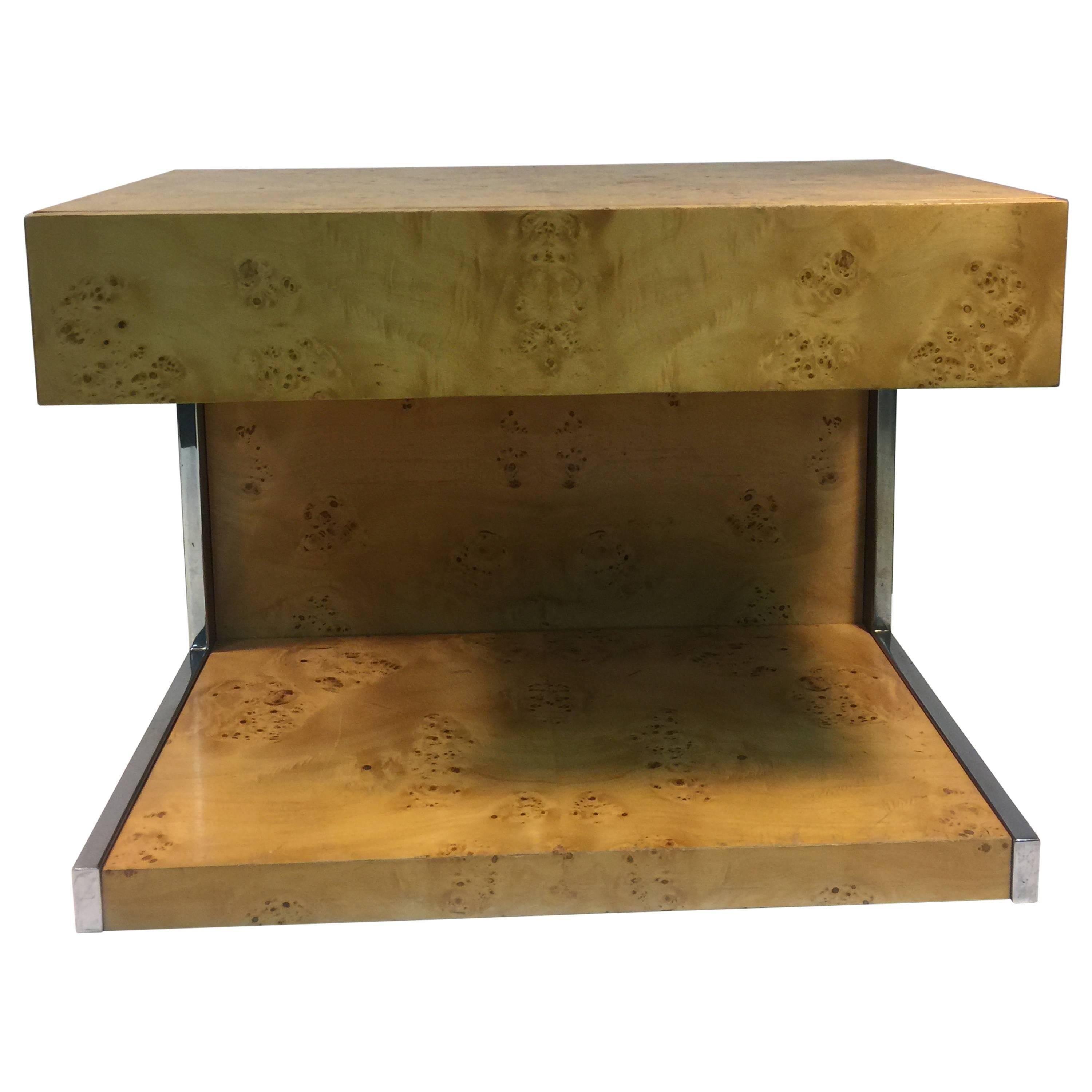 Magnificent Milo Baughman Burl Wood Console Table with Chrome Sides For Sale