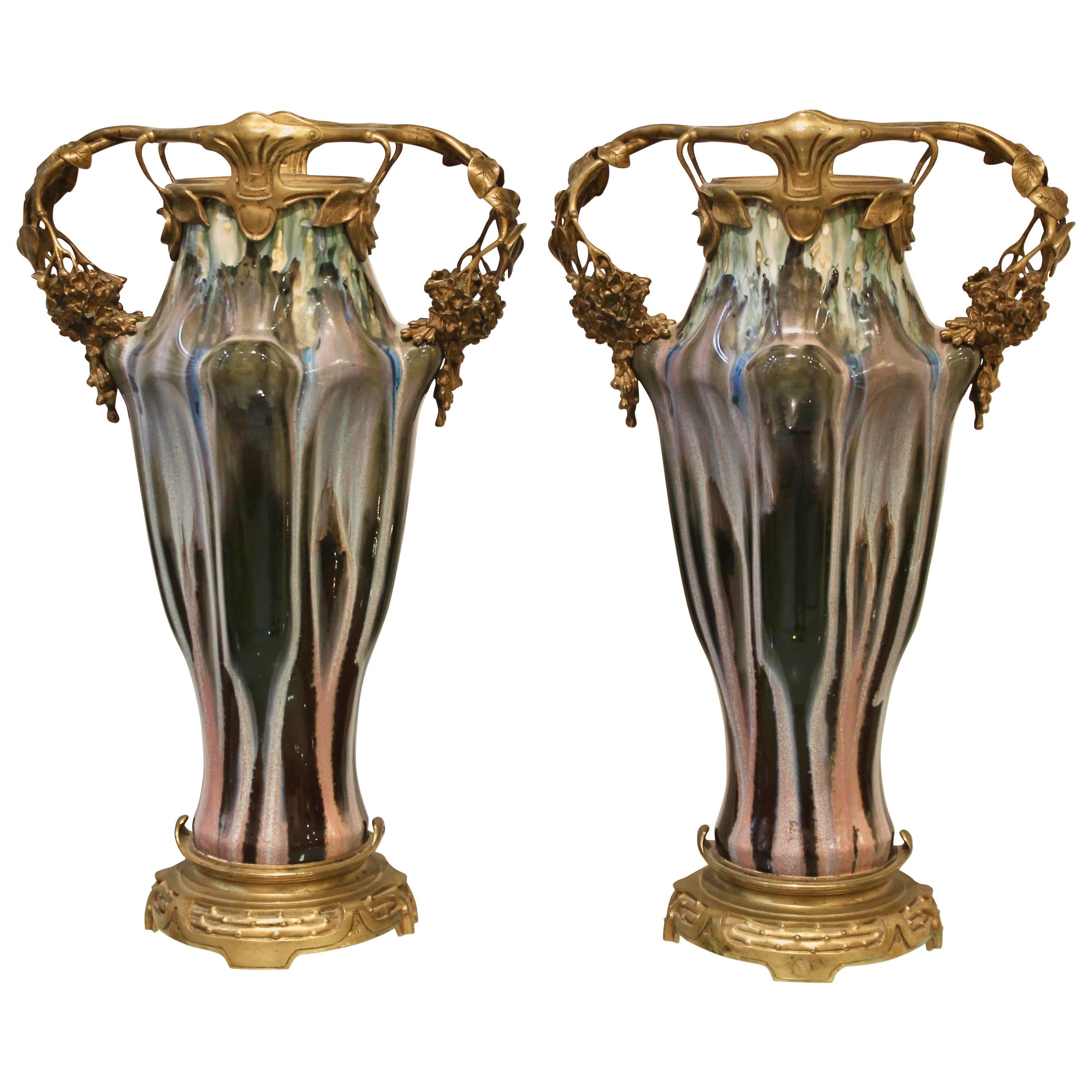 Pair of Paul Louchet Earthenware Art Nouveau Vases, Circa 1900