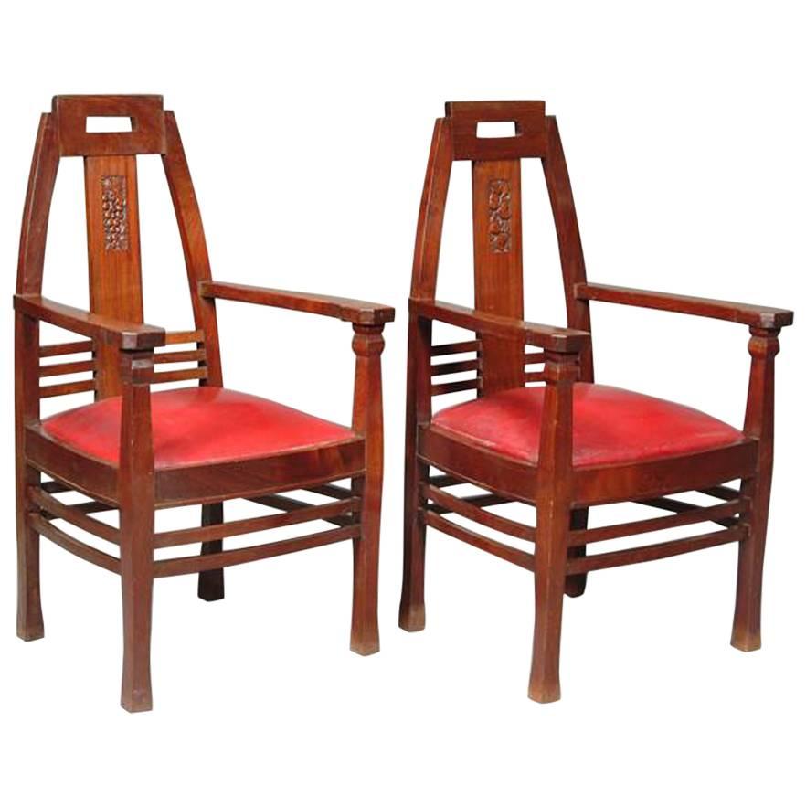 Pair of Arts & Crafts Jugendstil Mahogany Armchairs by Peter Behrens For Sale