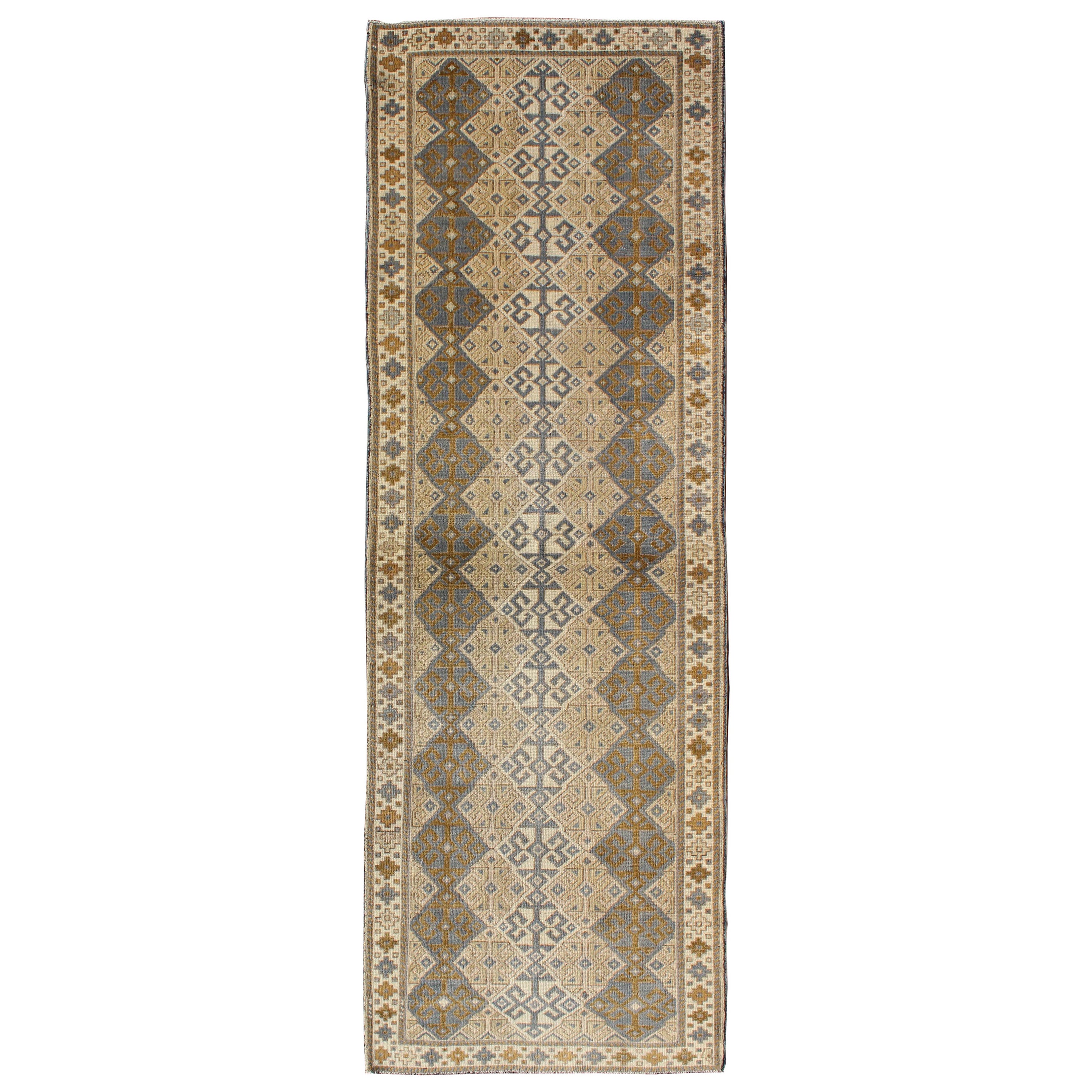 Antique Turkish Oushak Runner with Symmetrical Geometric Design For Sale