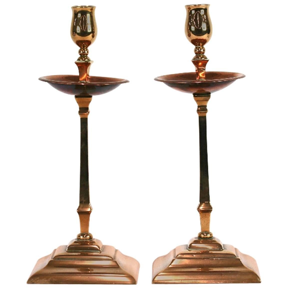 Pair of Copper and Brass Candlesticks, by W A S Benson