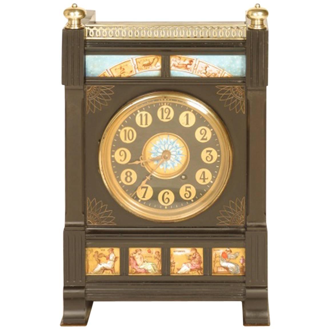 Aesthetic Movement Zodiac Black Marble Mantle Clock with Gong-Striking Movement