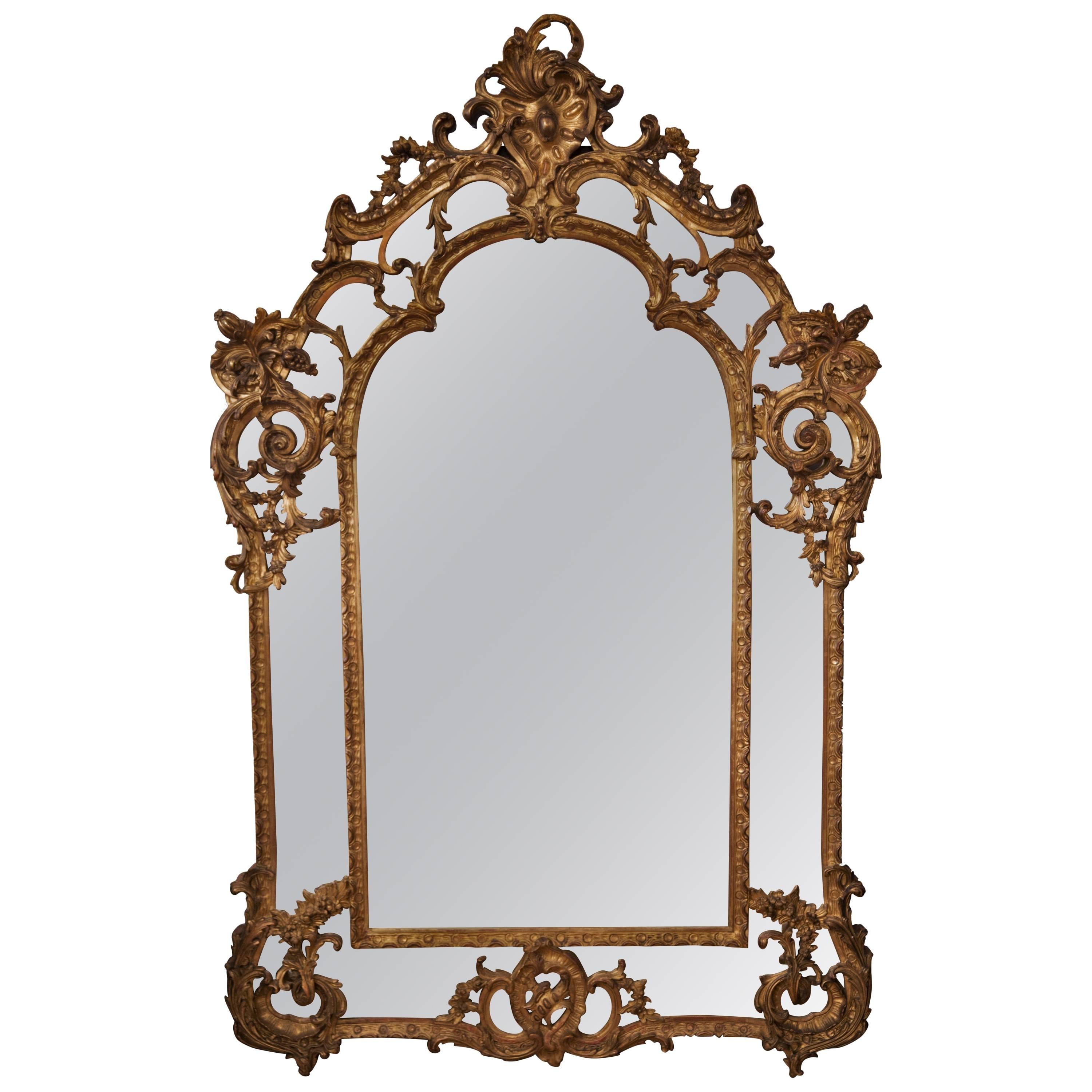 Large French Rococo Revival Louis XV Mirror Carved Giltwood and Gesso For Sale