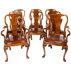 Antique Fine Set of Eight Burr Walnut QA Dining Chairs