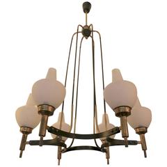 Italian Mid-Century Brass and Opaque Glass Chandelier 11