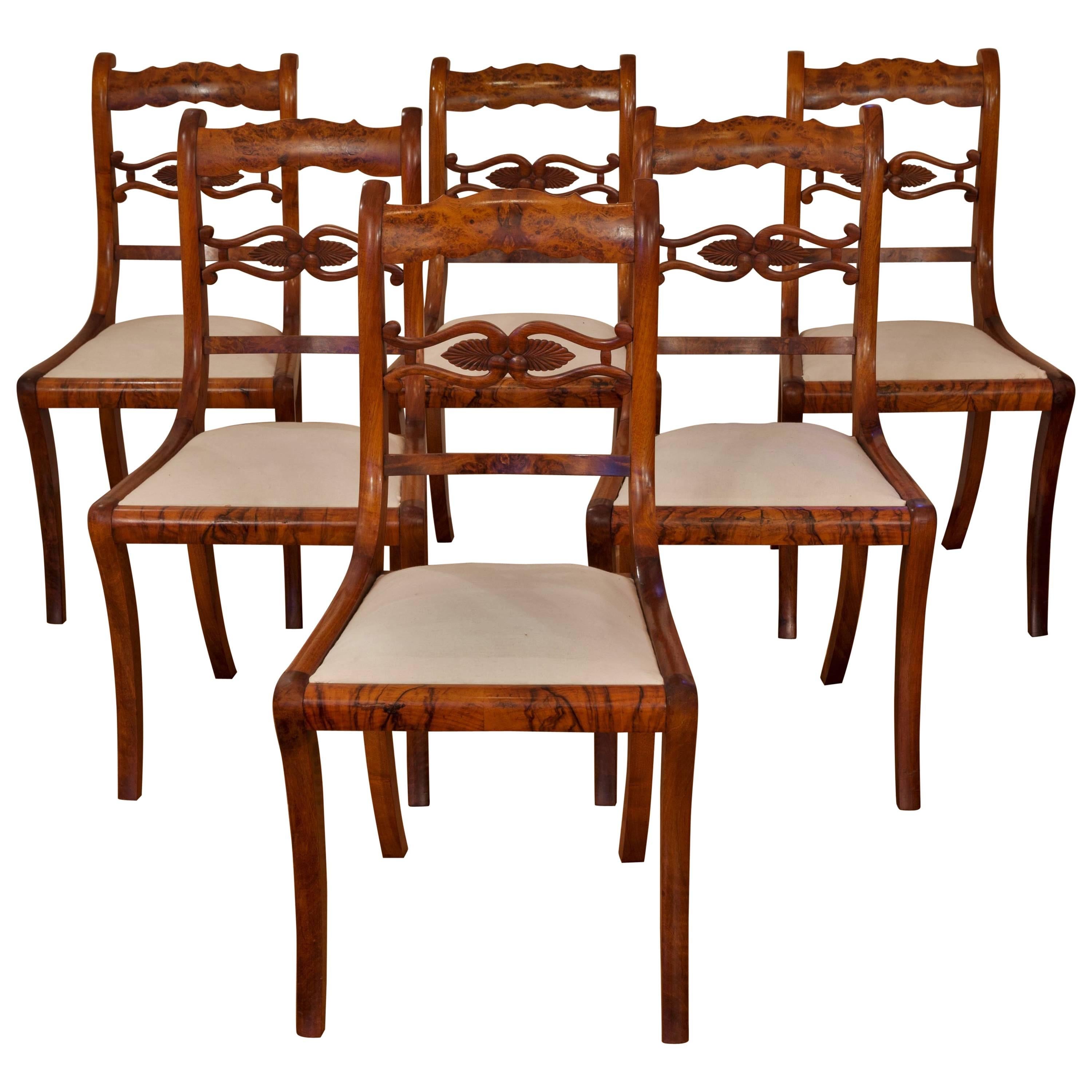 Set of Six Dining Chairs, Biedermeier, Germany, 1830, Burled Walnut by Knussmann For Sale