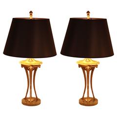 Vintage Pair of French Onyx and Bronze Table Lamps