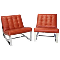 Vintage Pair of Milo Baughman Red Leather on Chrome Open Arm  Lounge Chairs