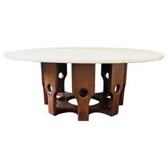 Wood Base Round Travertine Top Coffee Table Attributed to John Keal
