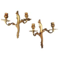 Vintage Pair of French Rococo two Branch Brass Candle Wall Sconces