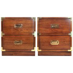 Pair of Walnut and Brass Campaign Style Nightstands