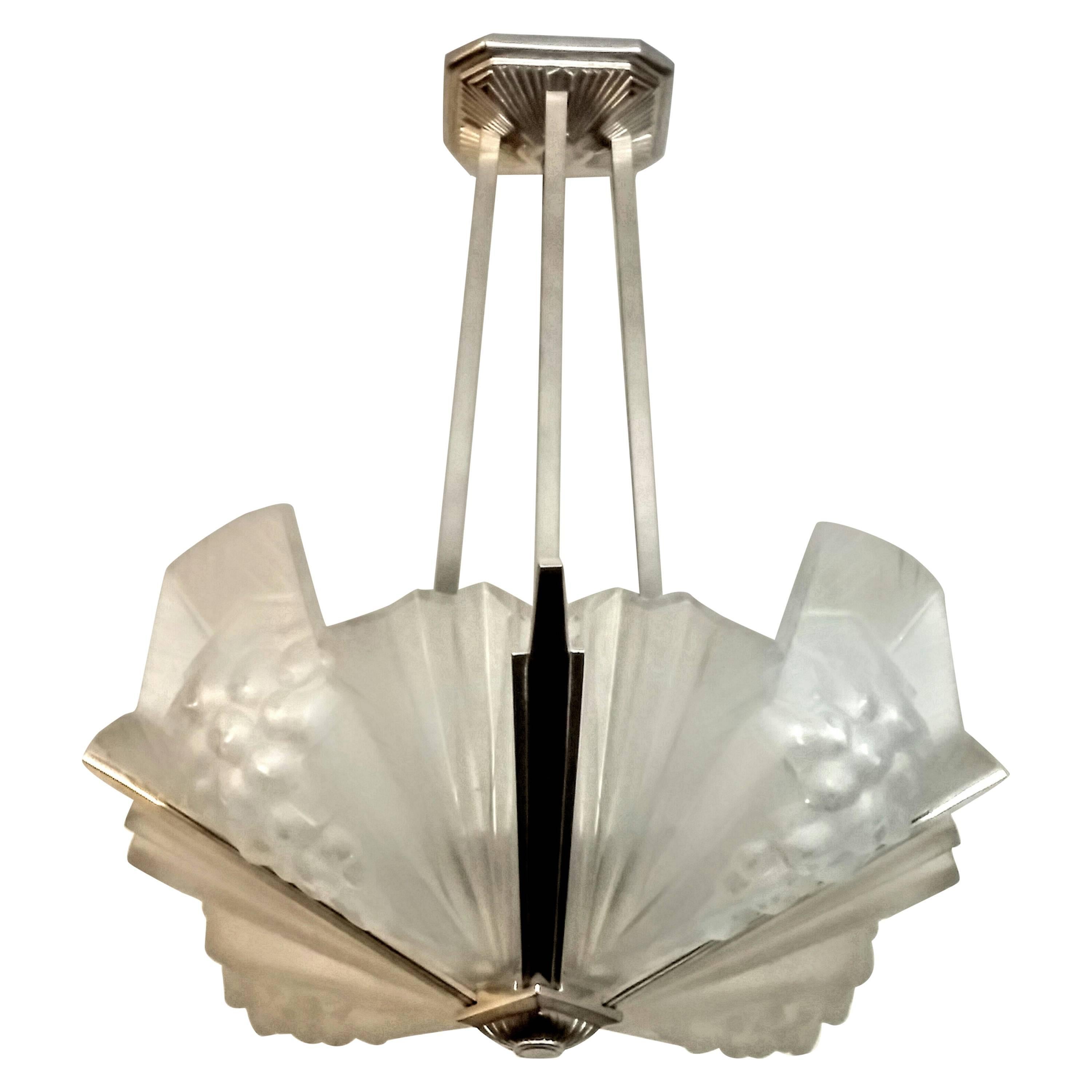 A French Art Deco Pendant Chandelier signed  by Atelier Petitot (Pair available)