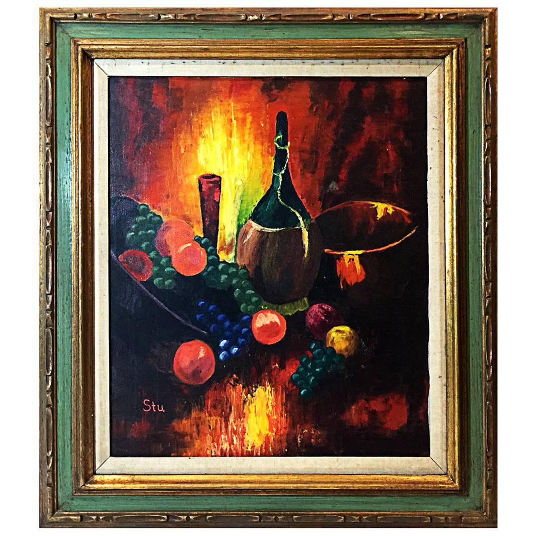 Still Life Oil Painting of Wine and Fruit by Stu, 1970s For Sale