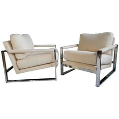 Pair of Chrome and Fabric Lounge Chairs, Designed by Milo Baughman