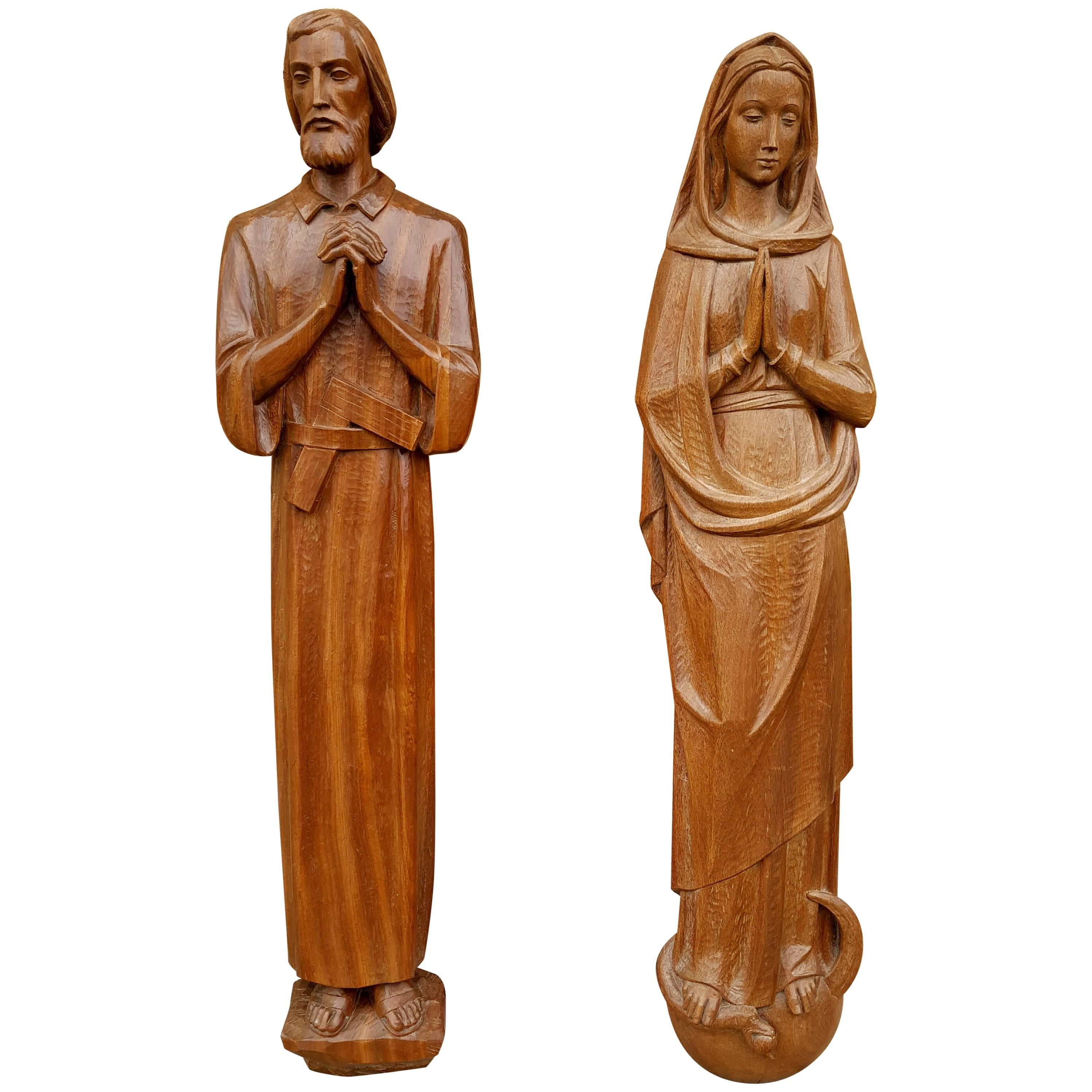 Pair of Italian Carved Wood Religious Wall Plaques, High Relief, circa 1930s
